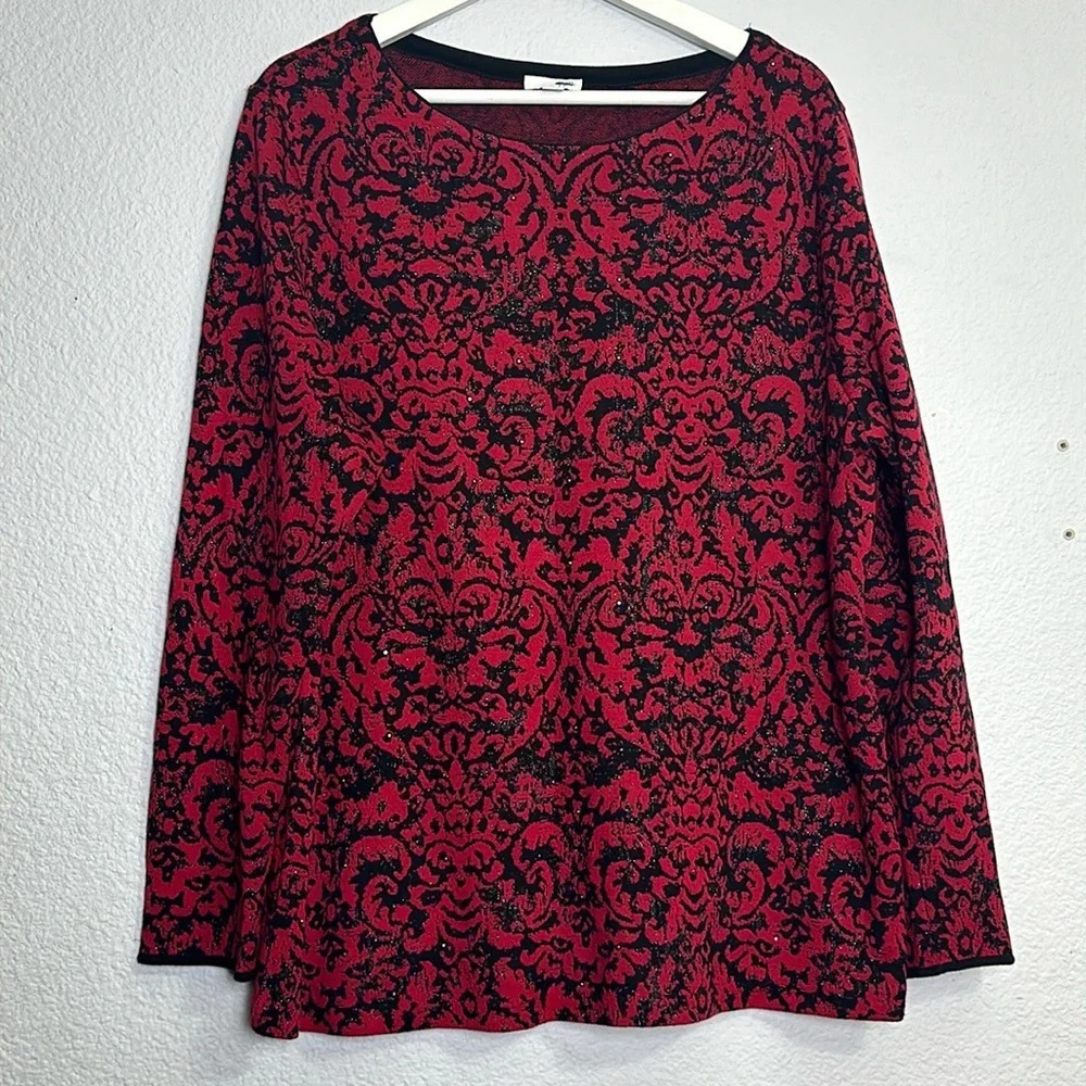 J Jill Embellished‎ Rhinestone Sweater Top Long Sleeve Black Red Womens Size XL